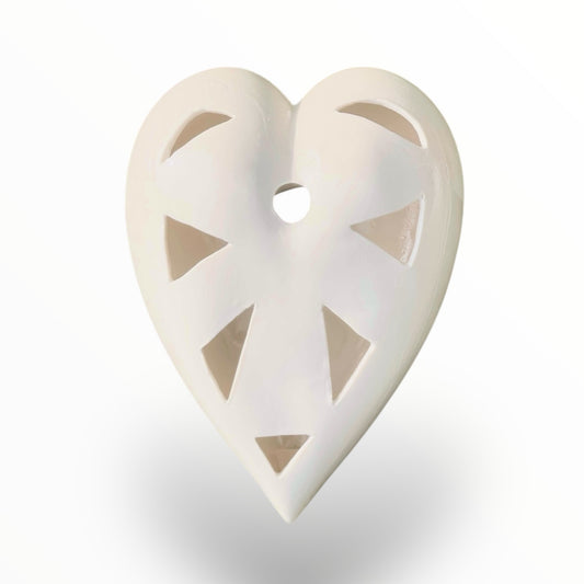 Handmade porcelain heart in pure white for wall hanging art.  Exclusive design
