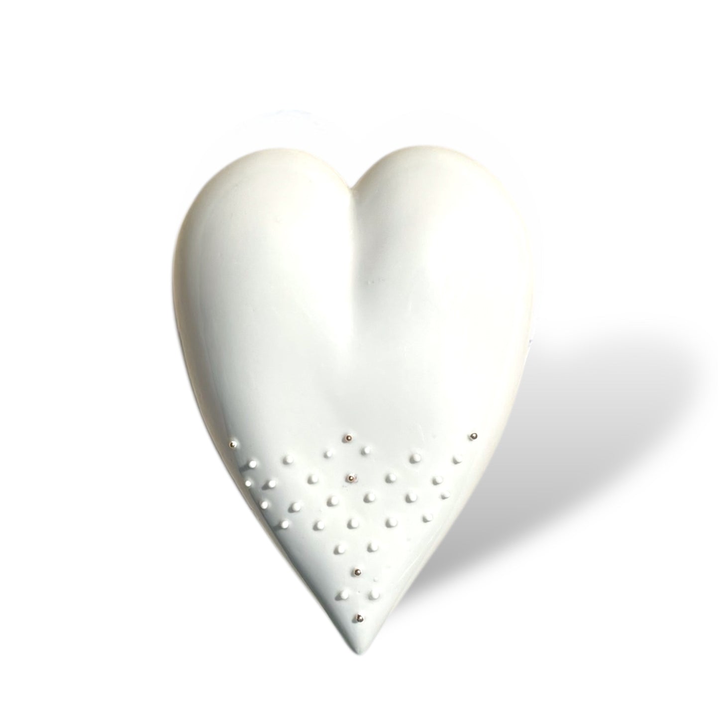 Heart shaped handmade porcelain heart with dotted design and golden applications for yearly wall hanging to show love