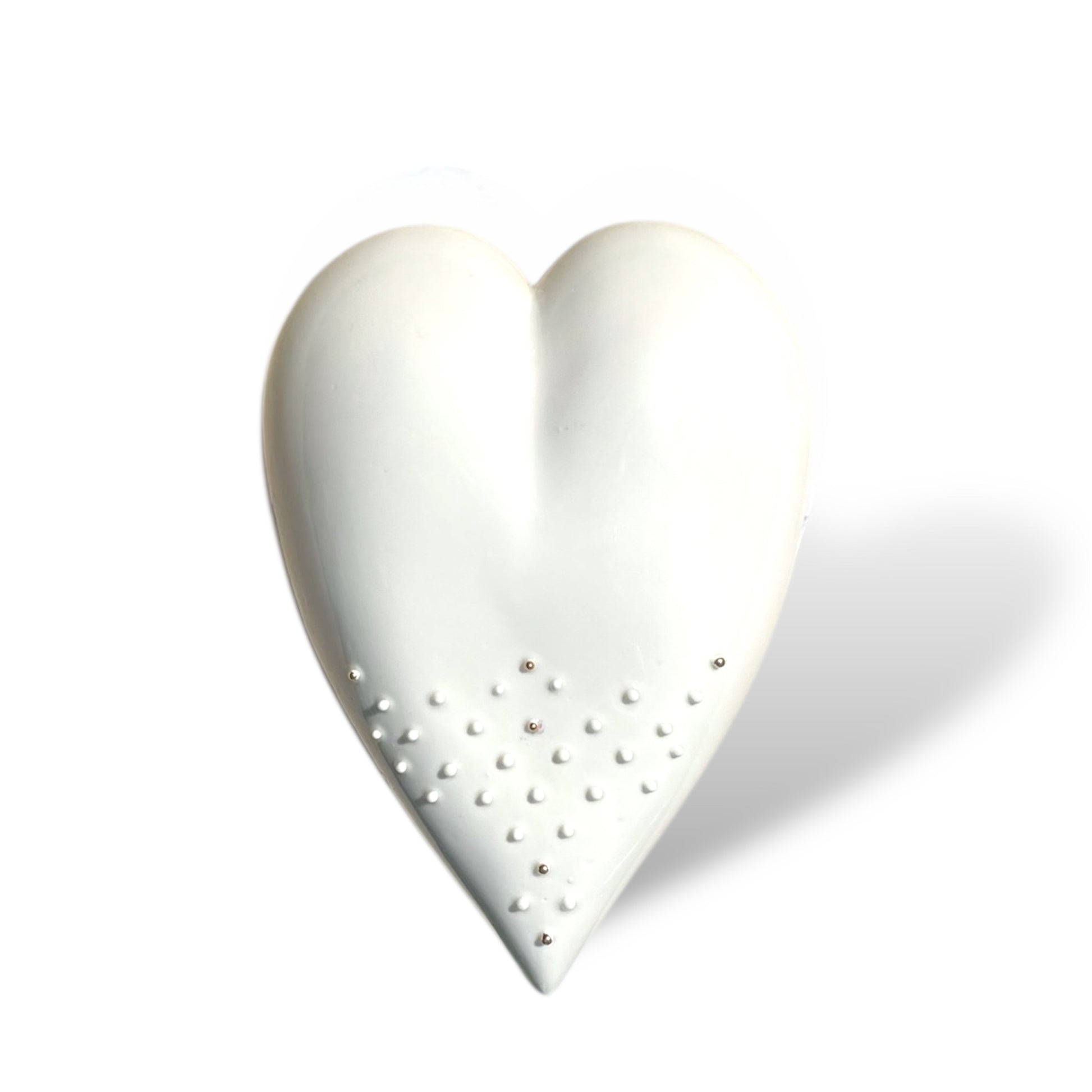 Heart shaped handmade porcelain heart with dotted design and golden applications for yearly wall hanging to show love