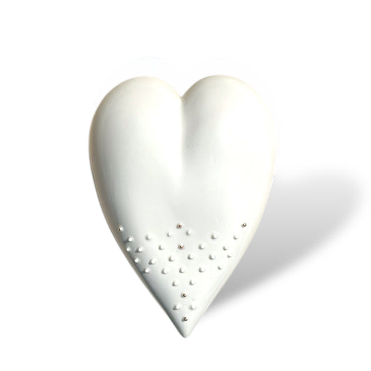 Heart shaped handmade porcelain heart with dotted design and golden applications for yearly wall hanging to show love