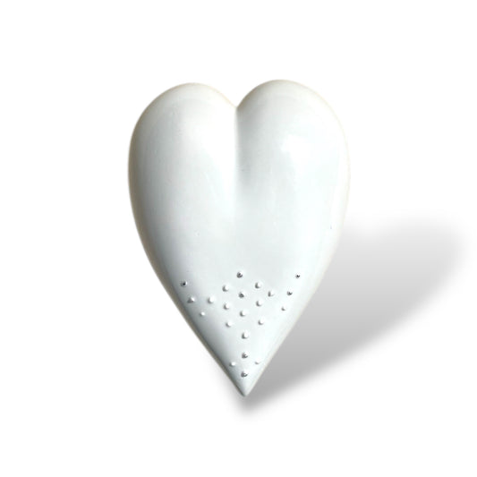 Handmade Porcelain Heart with unique design and silver dots for wall hanging.